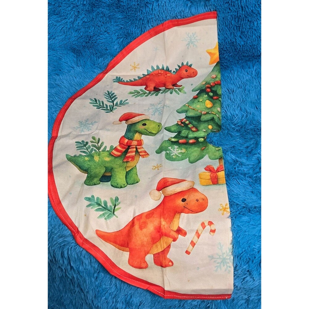 Christmas Dinosaur Printed 35" Tree Skirt, Multicolor Polyester with Red Trim